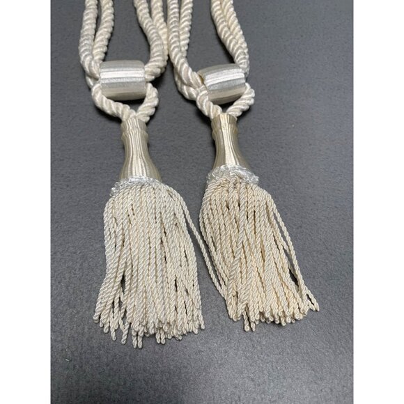 Vintage Ivory Curtain Tie Backs Pair with Tassels 17" Long Decorative Rope Holdb - Picture 9 of 13